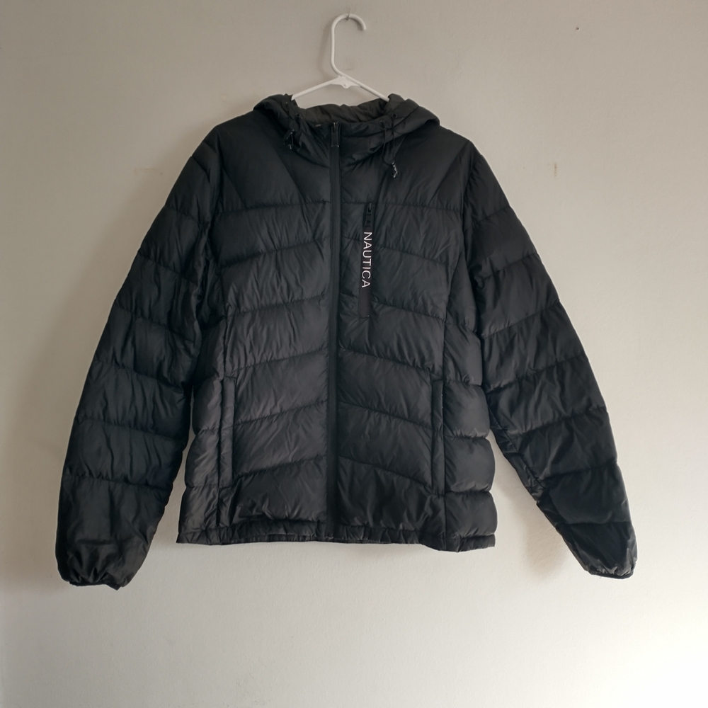 Nautica Puffer Jacket Mens M Black Outdoors Full Zip Quilted Hooded*READ
